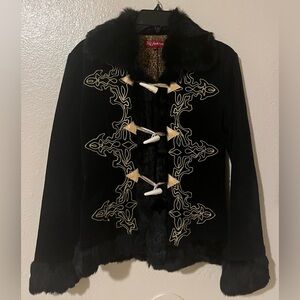 Vintage Faux Fur Trim Jacket Toggle Closure Embroidered Black Leopard